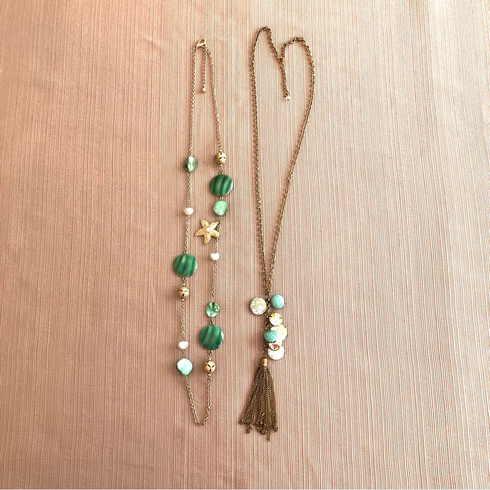 2 ~ Gold Tone and Aqua Summer Long Necklaces ~ Tassel Starfish Sealife Beach